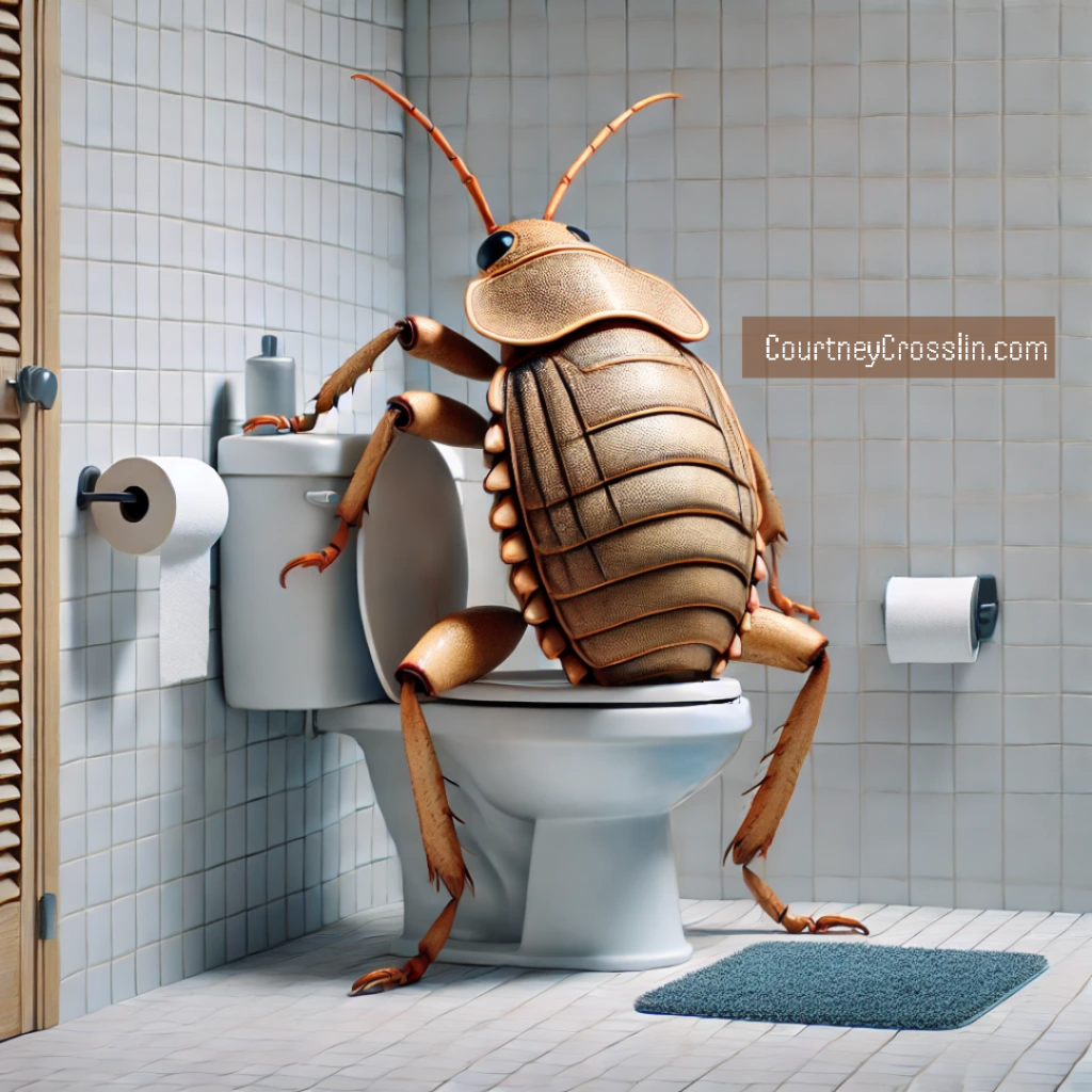 image of a palmetto bug in a bathroom sitting on a toilet