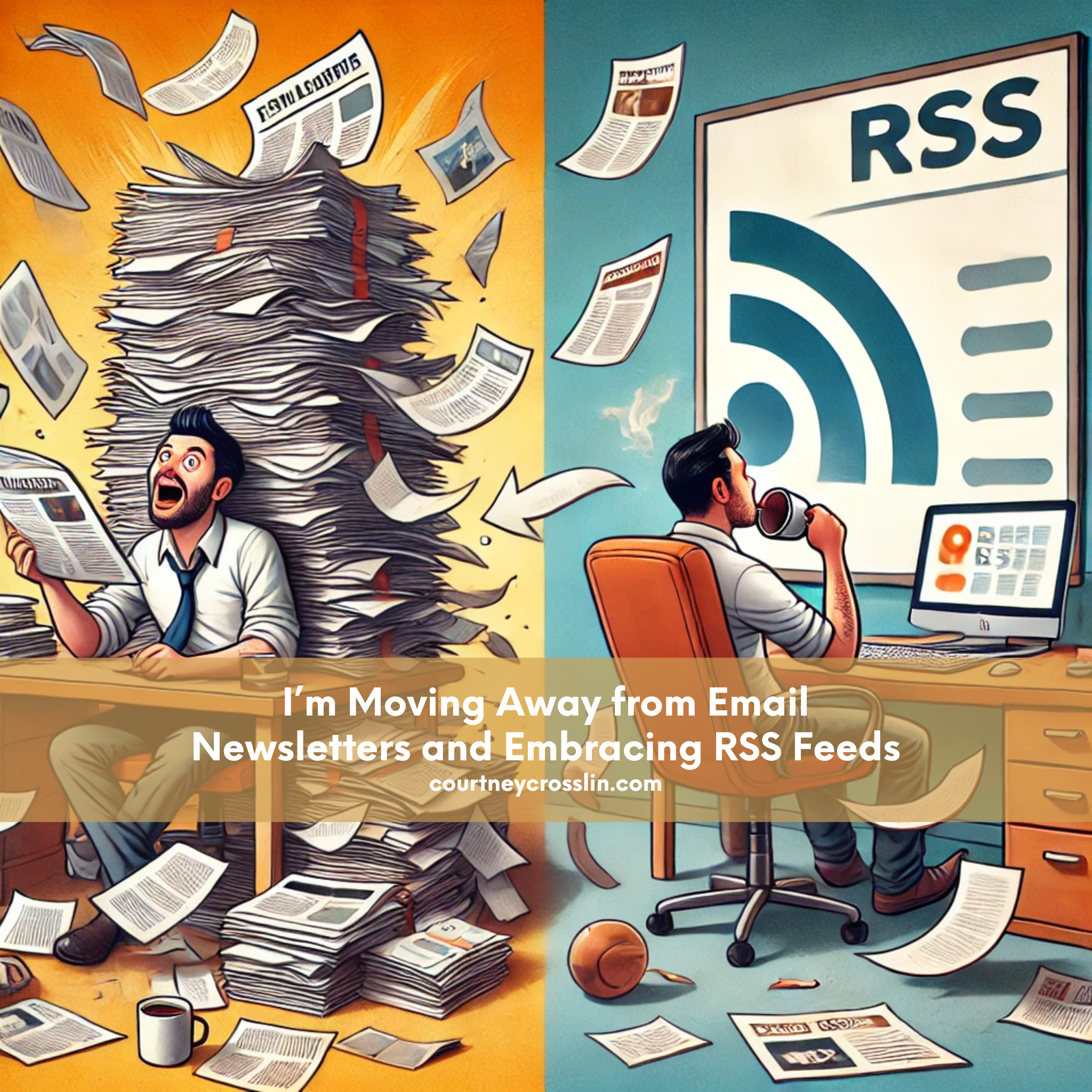 split image of one man with a bunch of paper and the other man at a tidy desk with rss feed