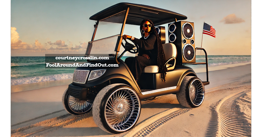 Chic Black woman with locs in a customized golf cart on the beach, complete with Dayton wire wheels and big speakers